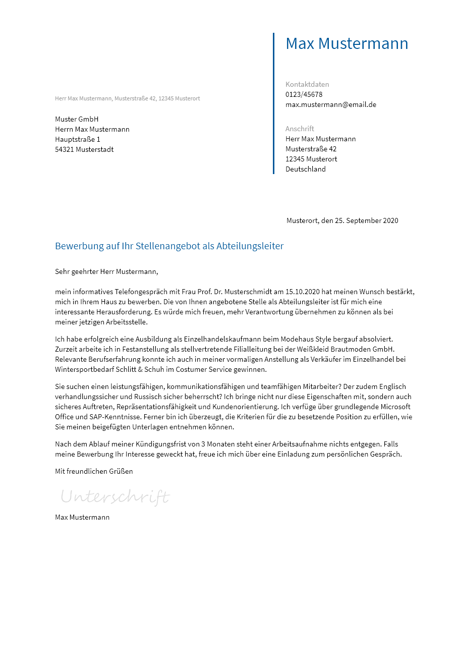 Anschreiben Abteilungsleiter erstellen