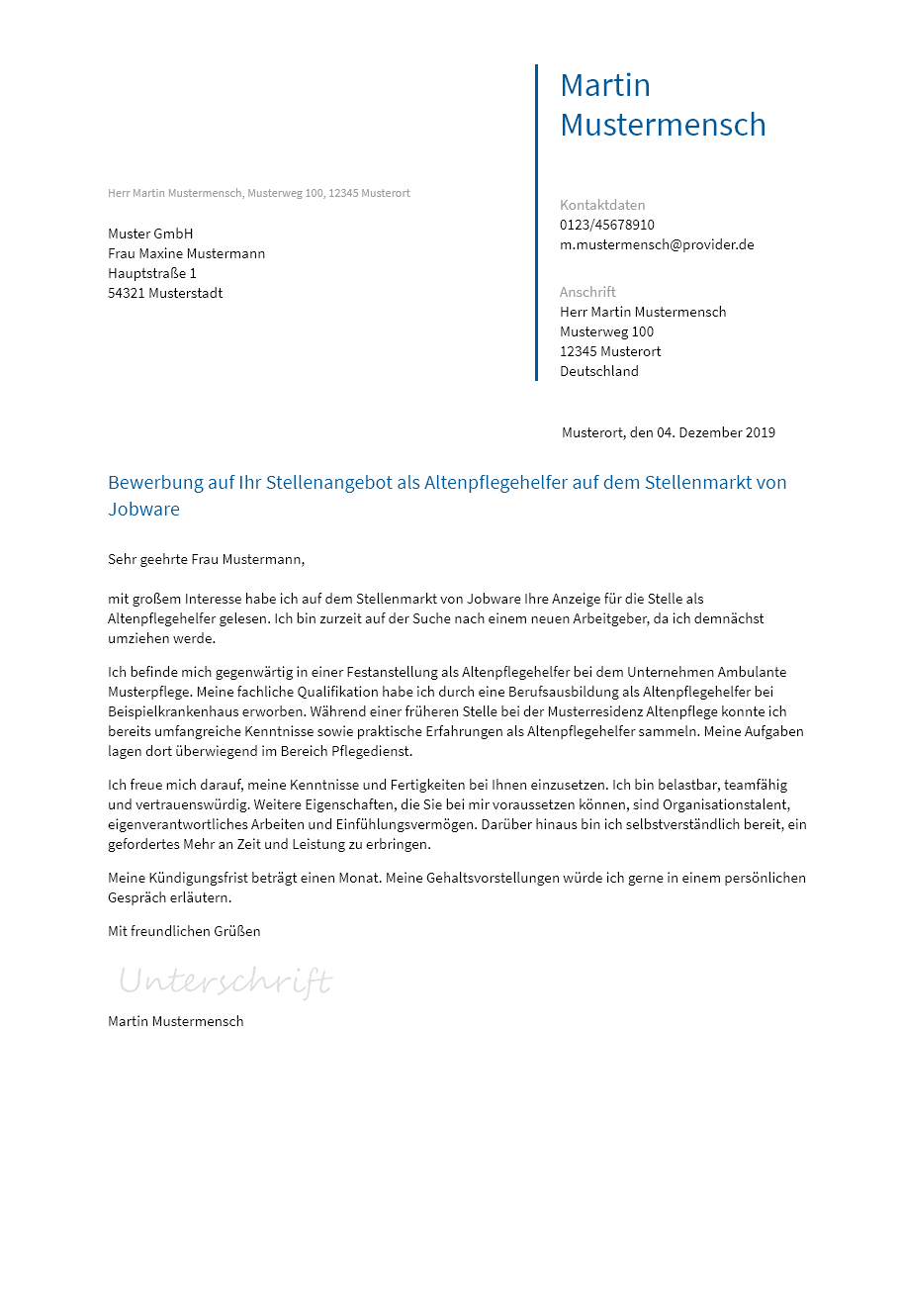 Anschreiben Altenpflegehelfer erstellen