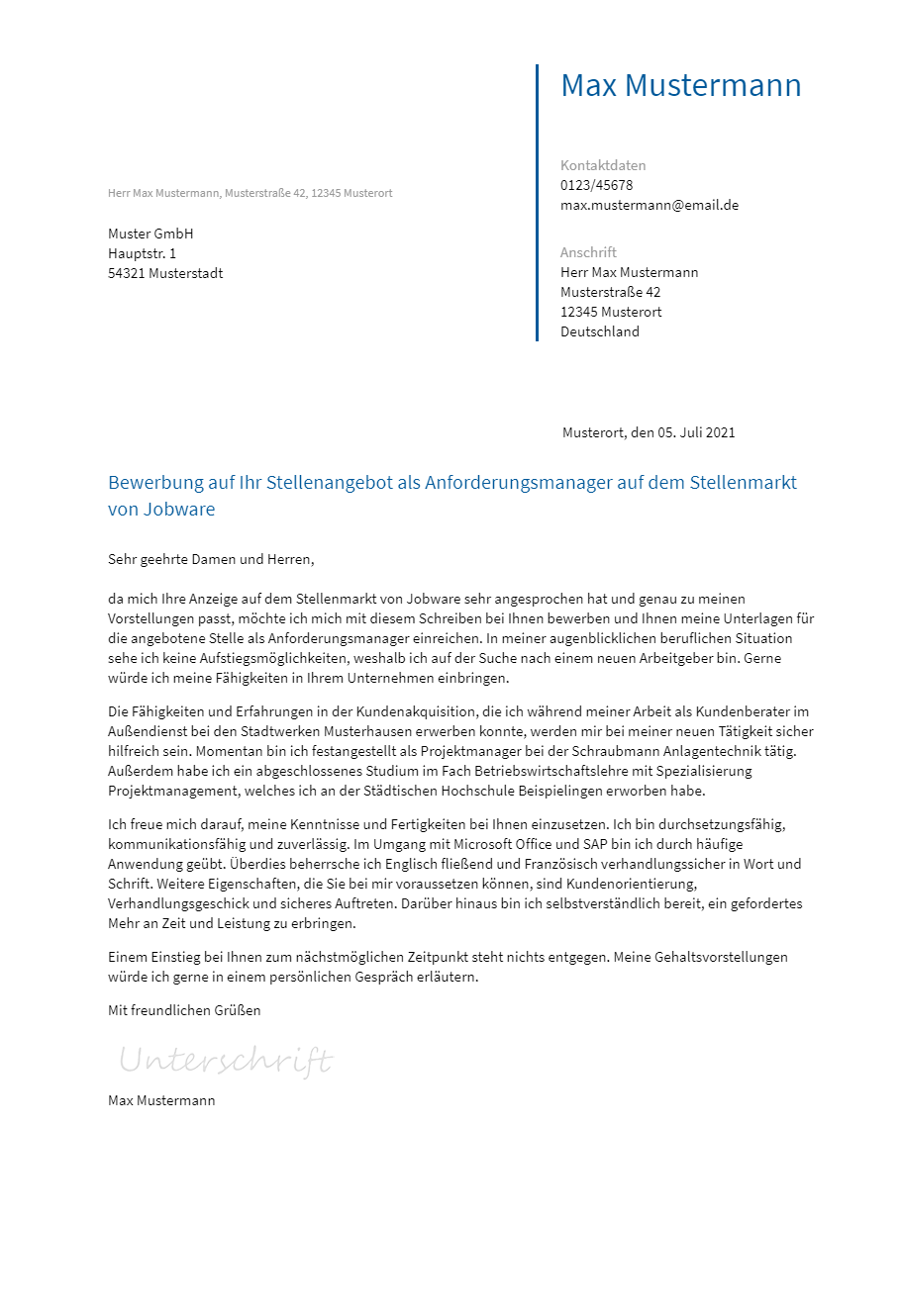 Anschreiben Anforderungsmanager erstellen