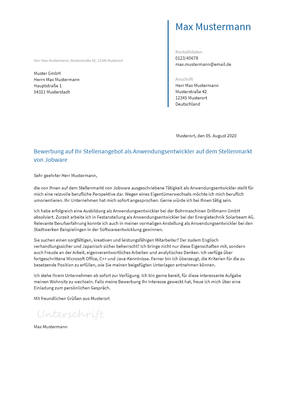 Anschreiben Anwendungsentwickler erstellen