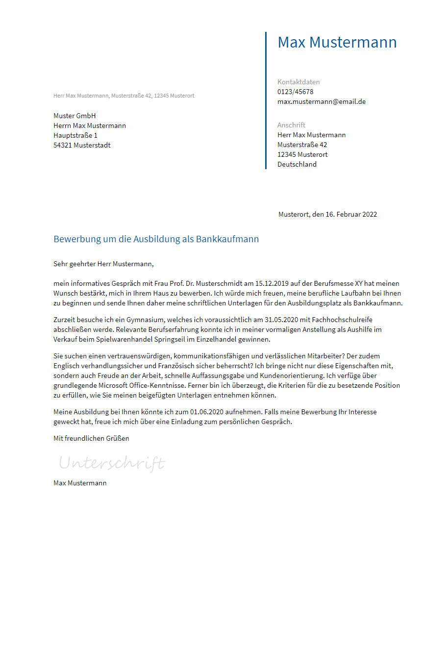 Anschreiben Ausbildung-Bankkaufmann erstellen