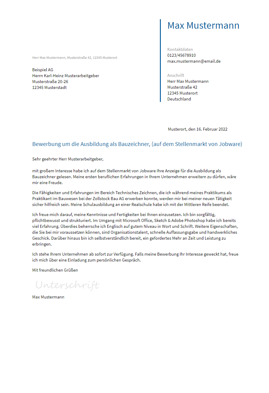 Anschreiben Ausbildung-Bauzeichner erstellen