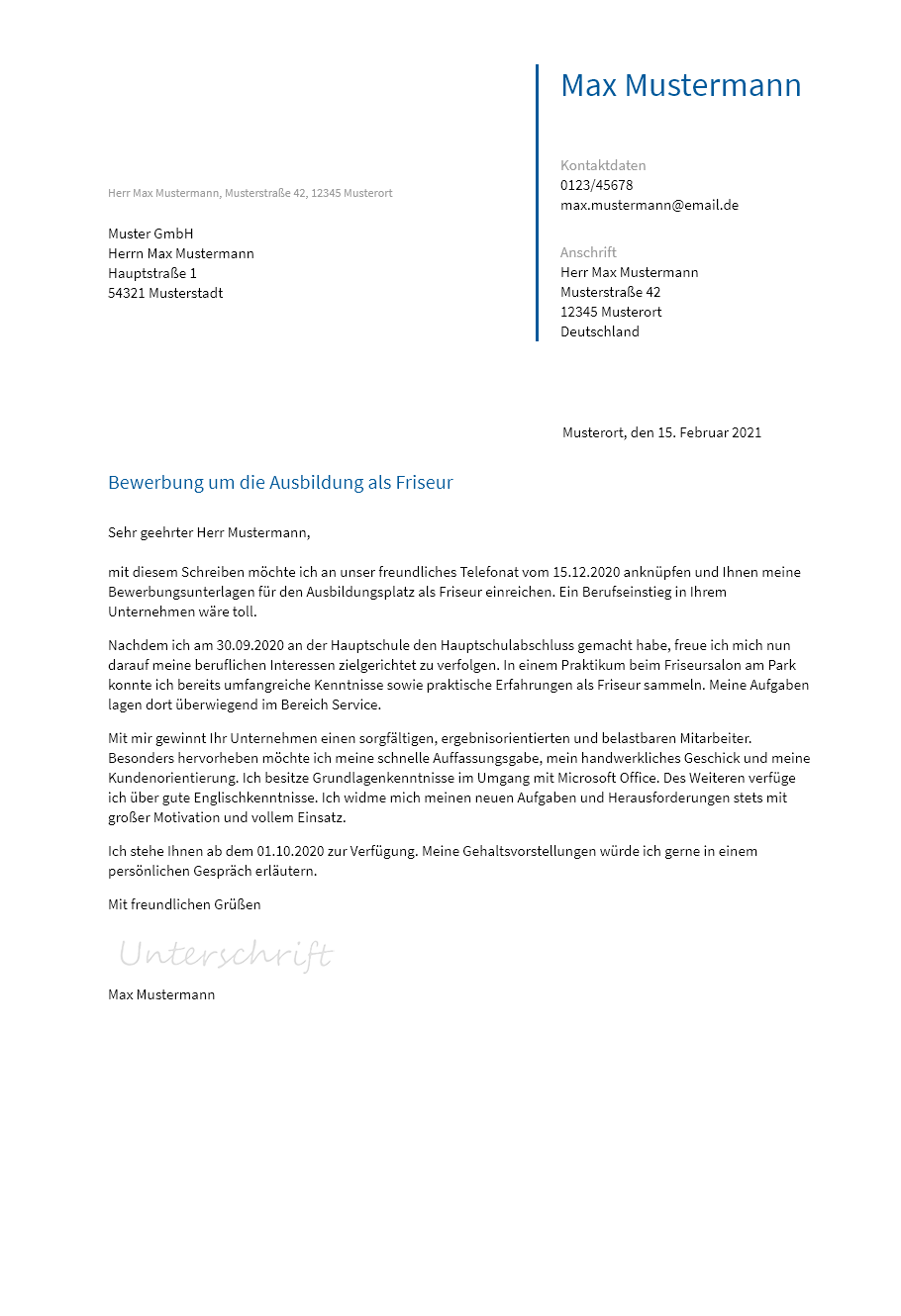 Anschreiben Ausbildung-Friseur erstellen