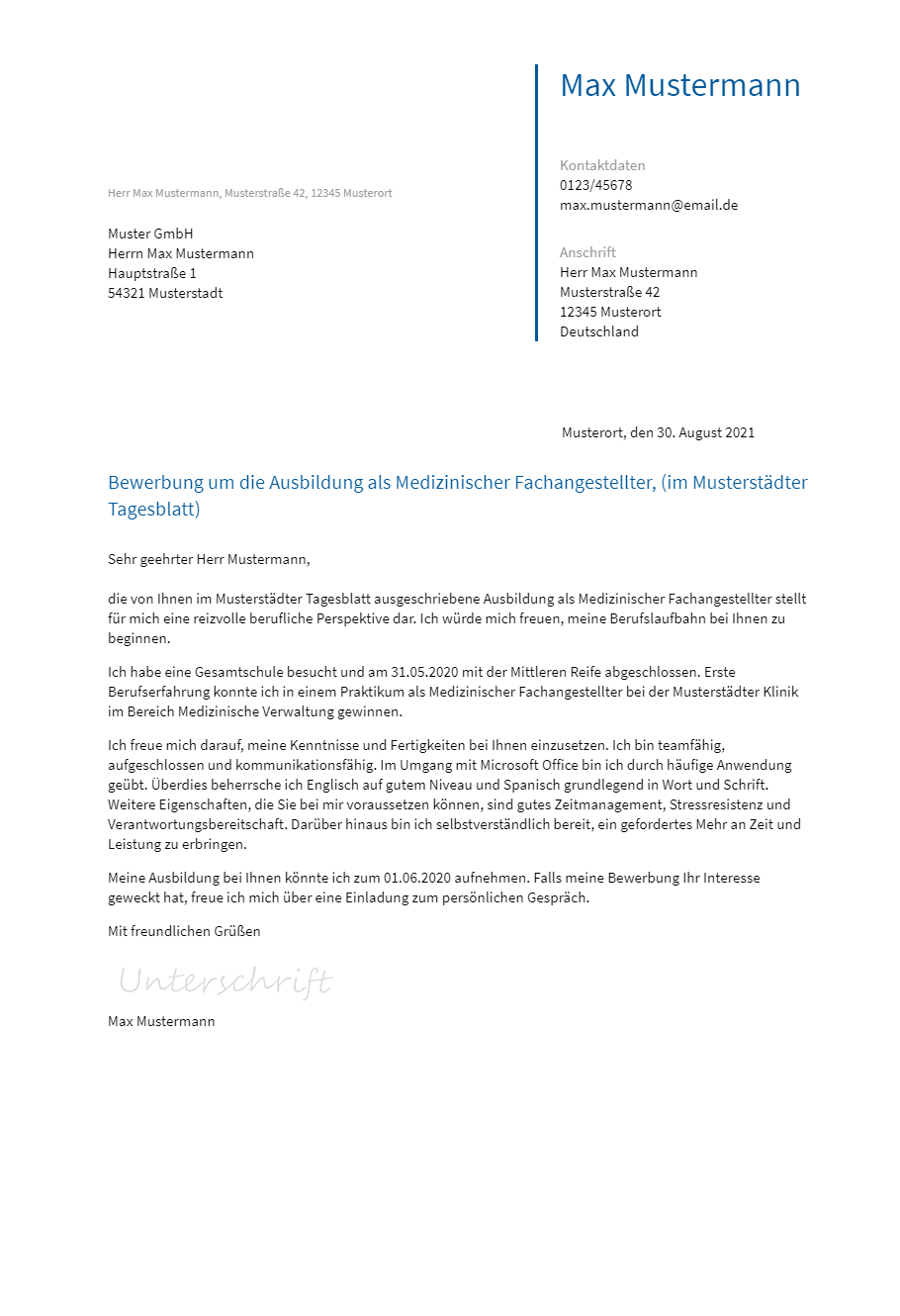 Anschreiben Ausbildung-Medizinischer-Fachangestellter erstellen