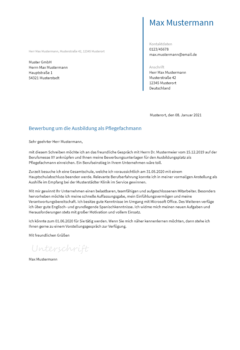Anschreiben Ausbildung-Pflegefachmann erstellen