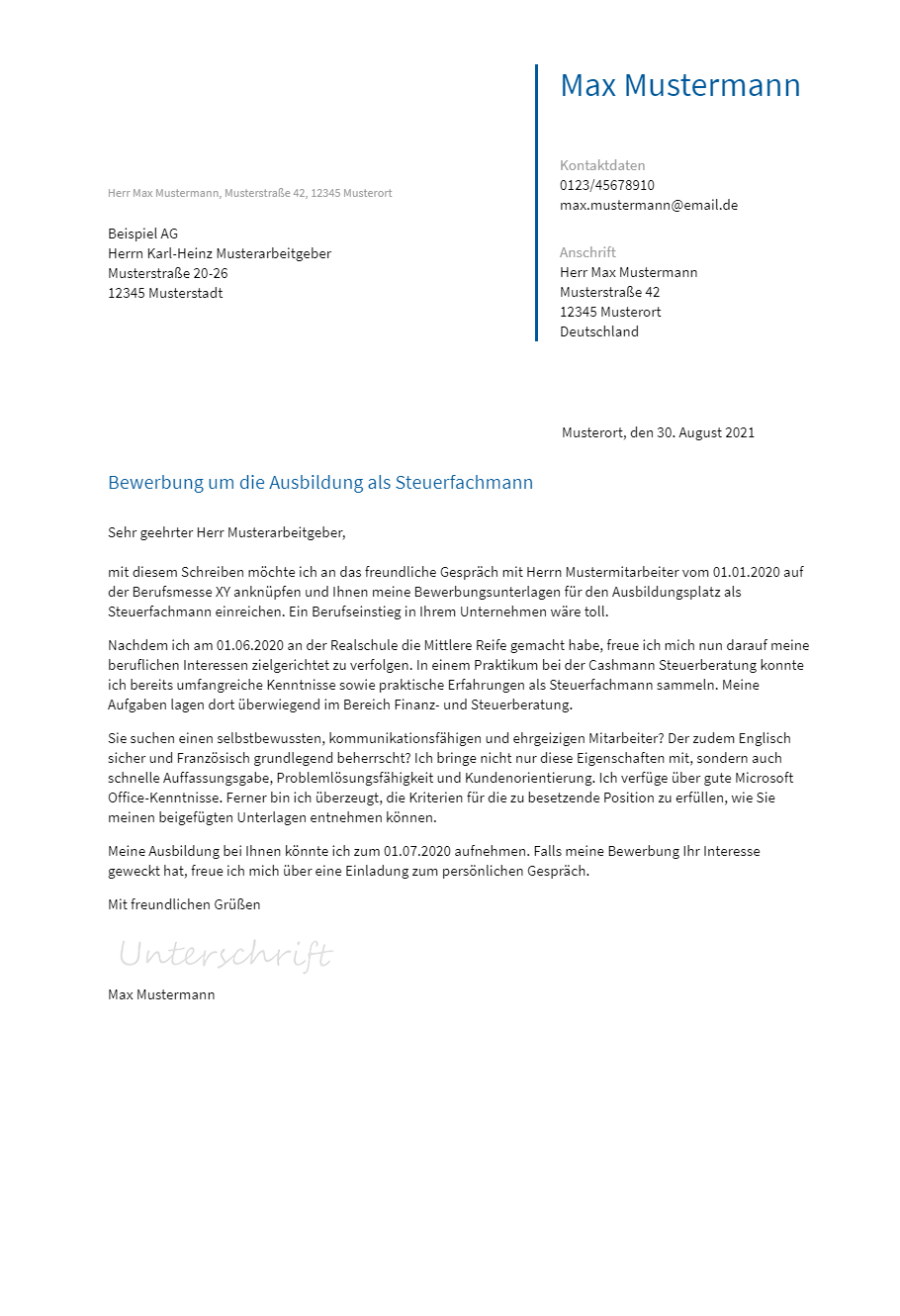 Anschreiben Ausbildung-Steuerfachmann erstellen
