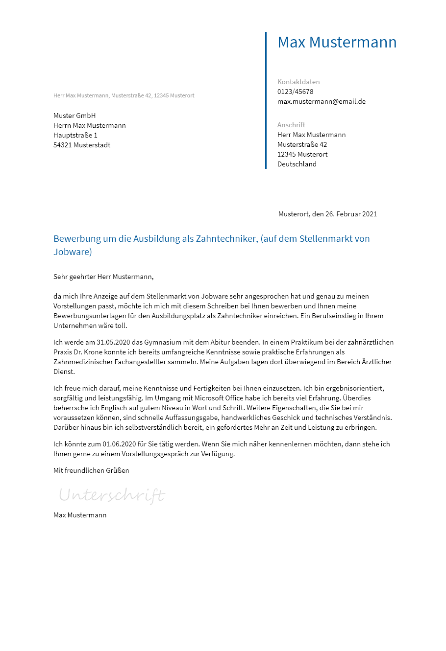 Anschreiben Ausbildung-Zahntechniker erstellen