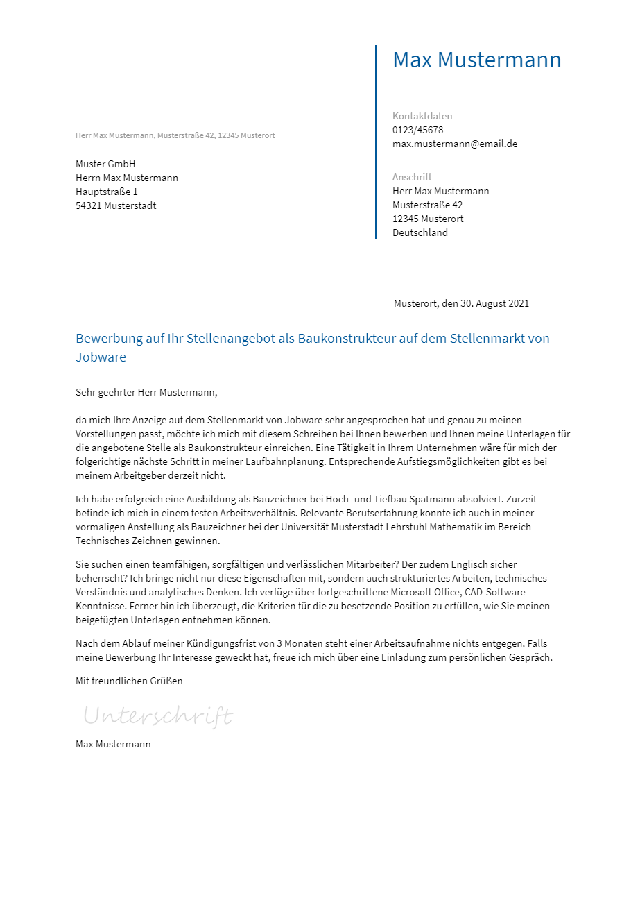 Anschreiben Baukonstrukteur erstellen