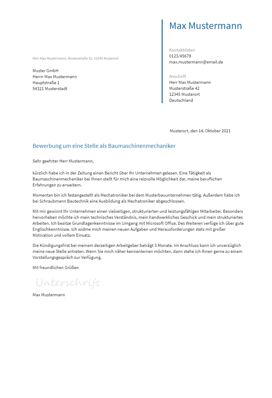 Anschreiben Baumaschinenmechaniker erstellen