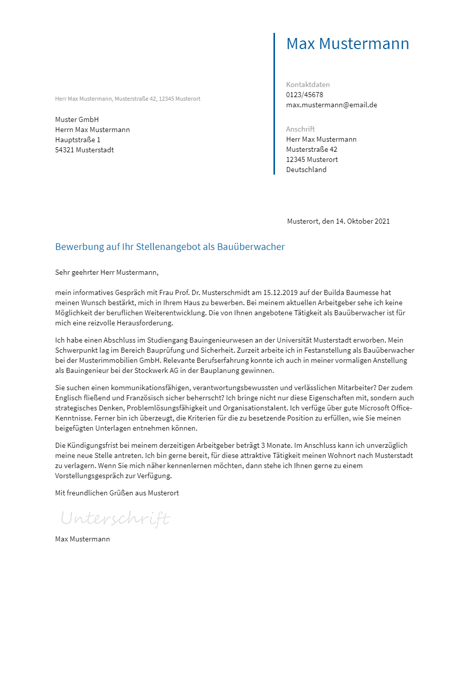Anschreiben Bauueberwacher erstellen
