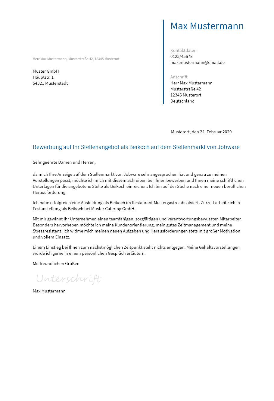 Anschreiben Beikoch erstellen