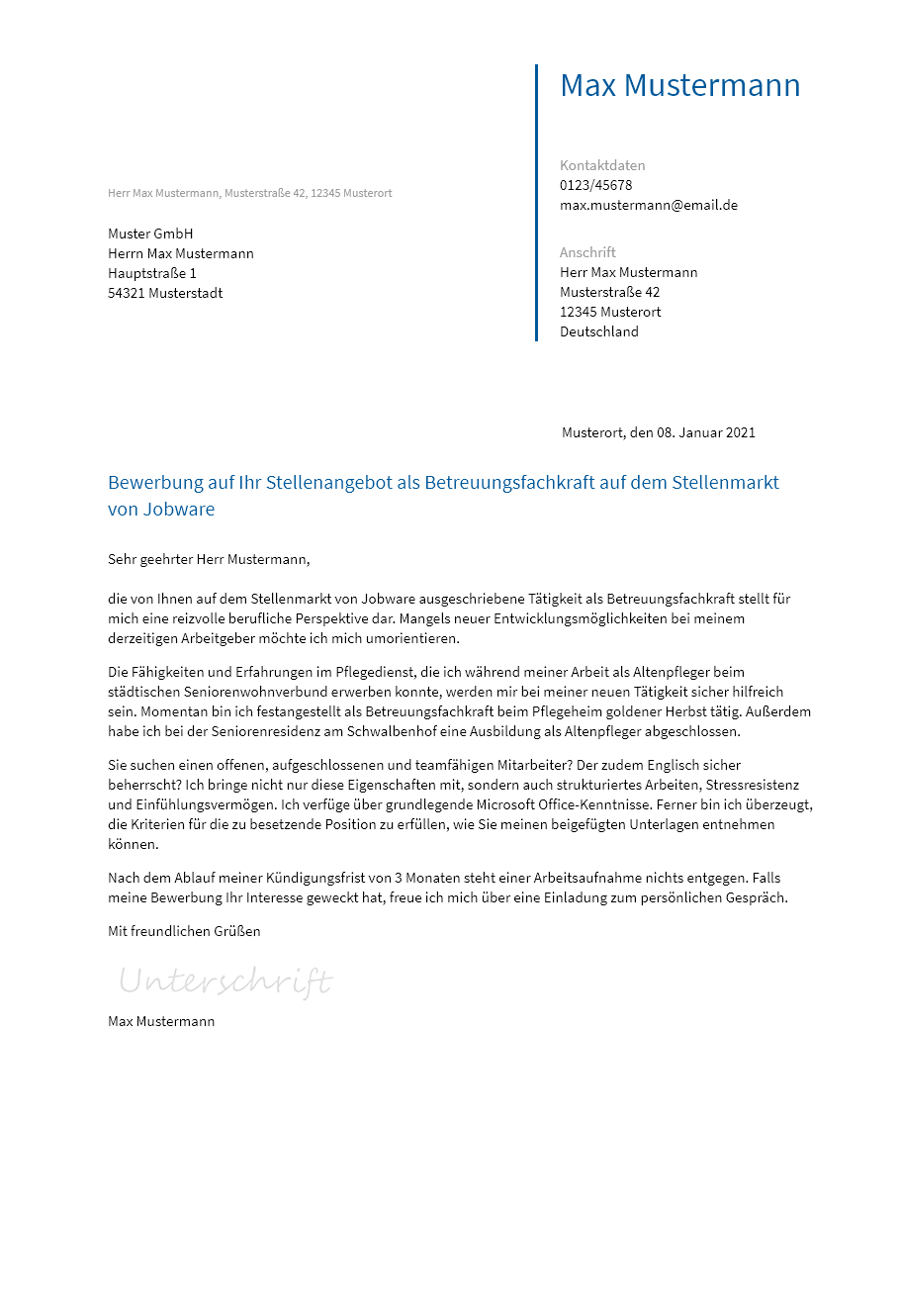 Anschreiben Betreuungsfachkraft erstellen