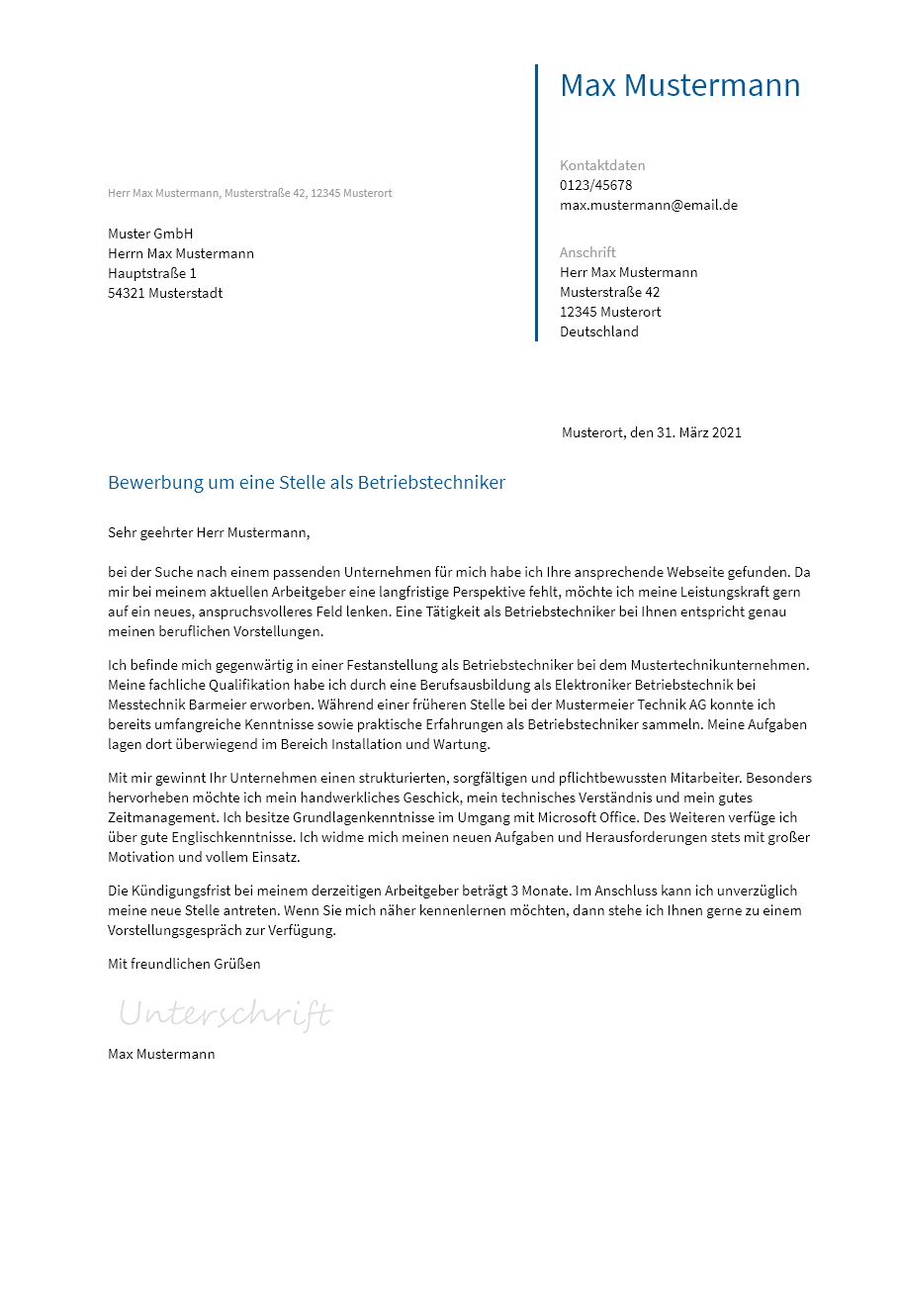 Anschreiben Betriebstechniker erstellen