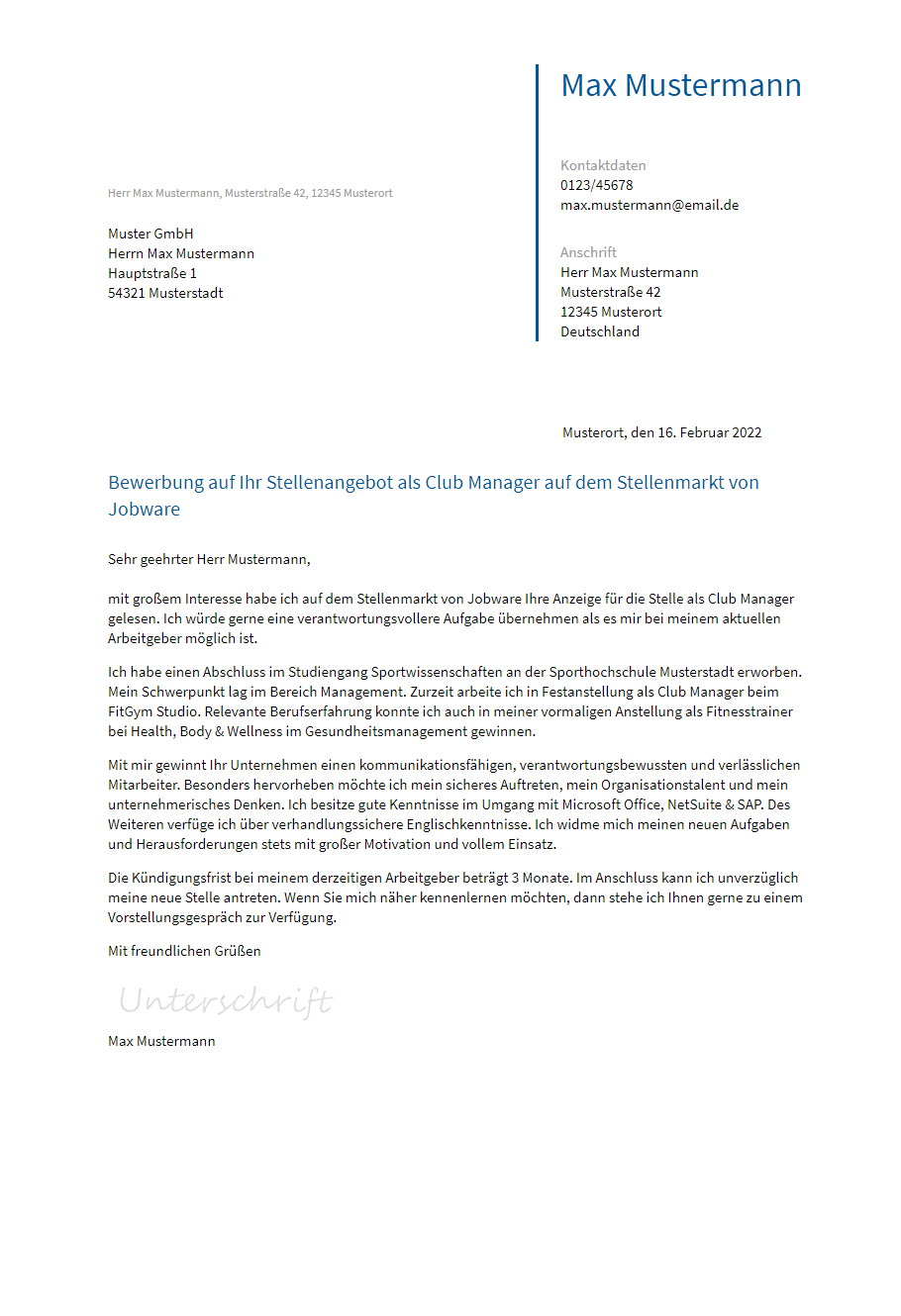 Anschreiben Club-Manager erstellen
