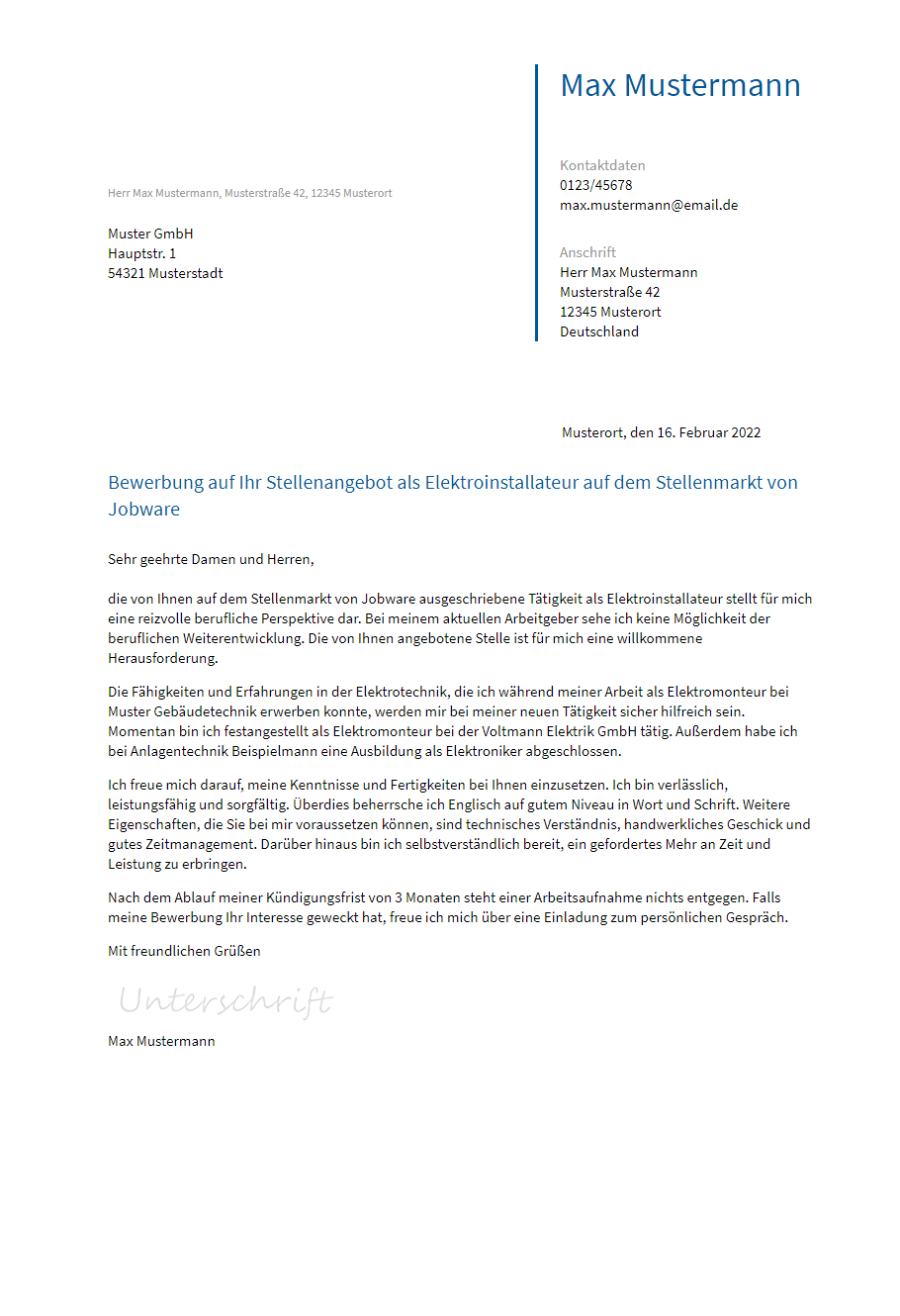 Anschreiben Elektromonteur erstellen