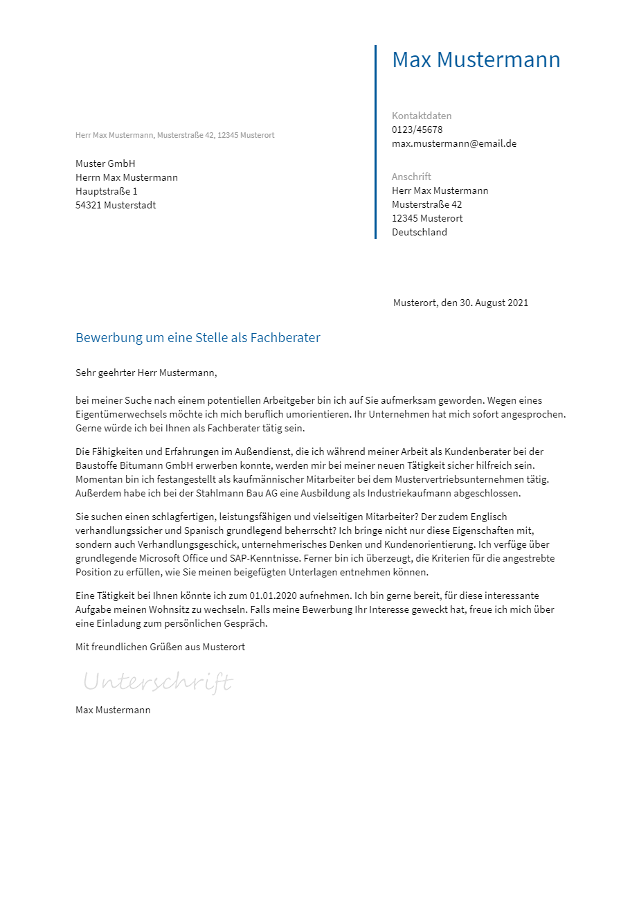 Anschreiben Fachberater erstellen