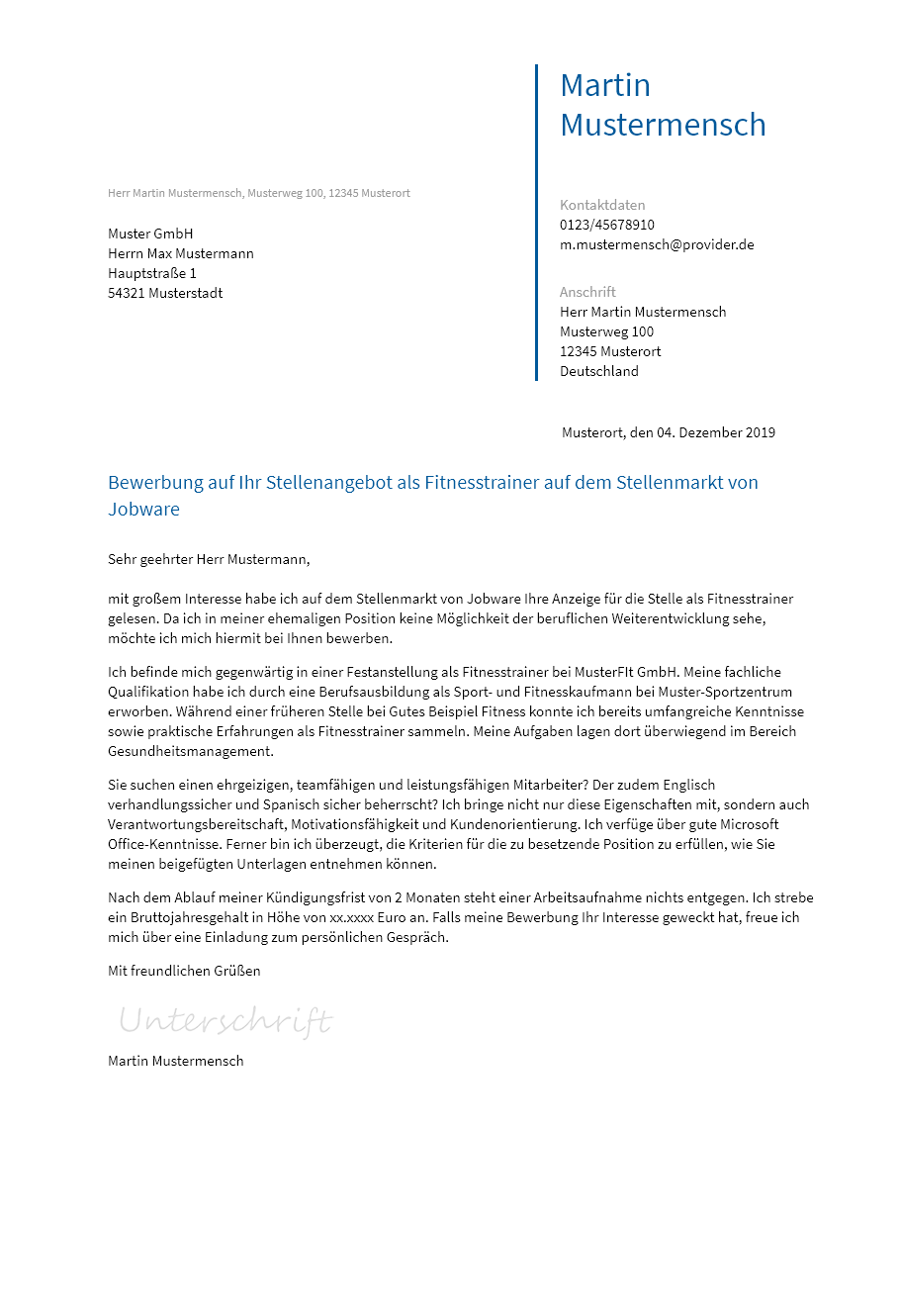 Anschreiben Fitnesstrainer erstellen