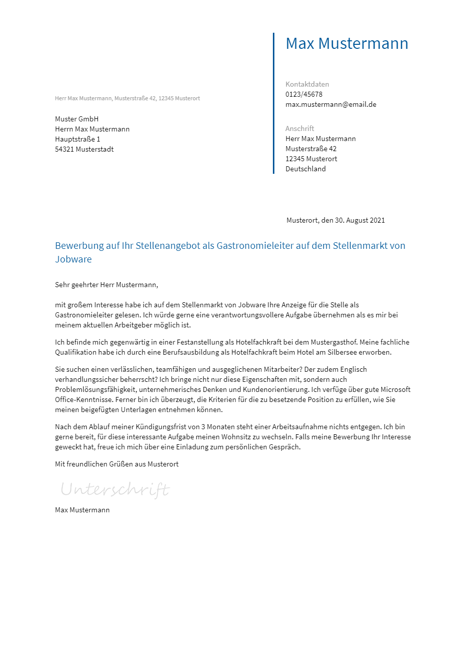 Anschreiben Gastronomieleiter erstellen