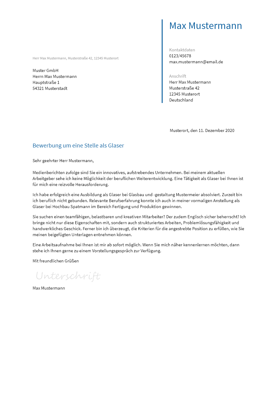 Anschreiben Glaser erstellen