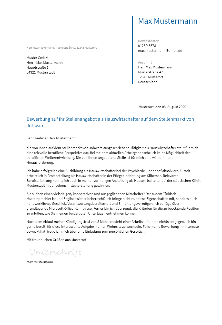 Anschreiben Hauswirtschafter erstellen