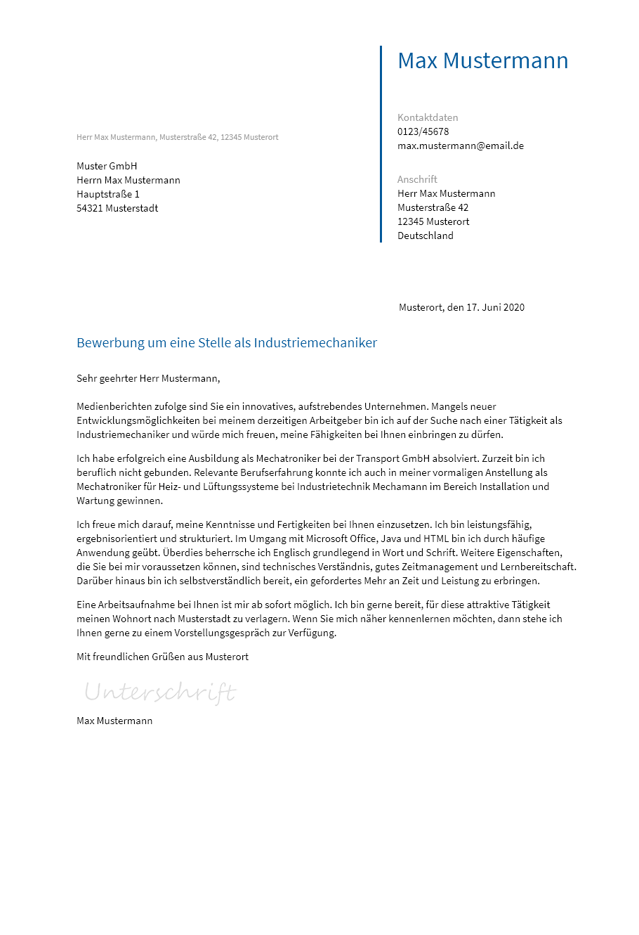 Anschreiben Industriewesen erstellen