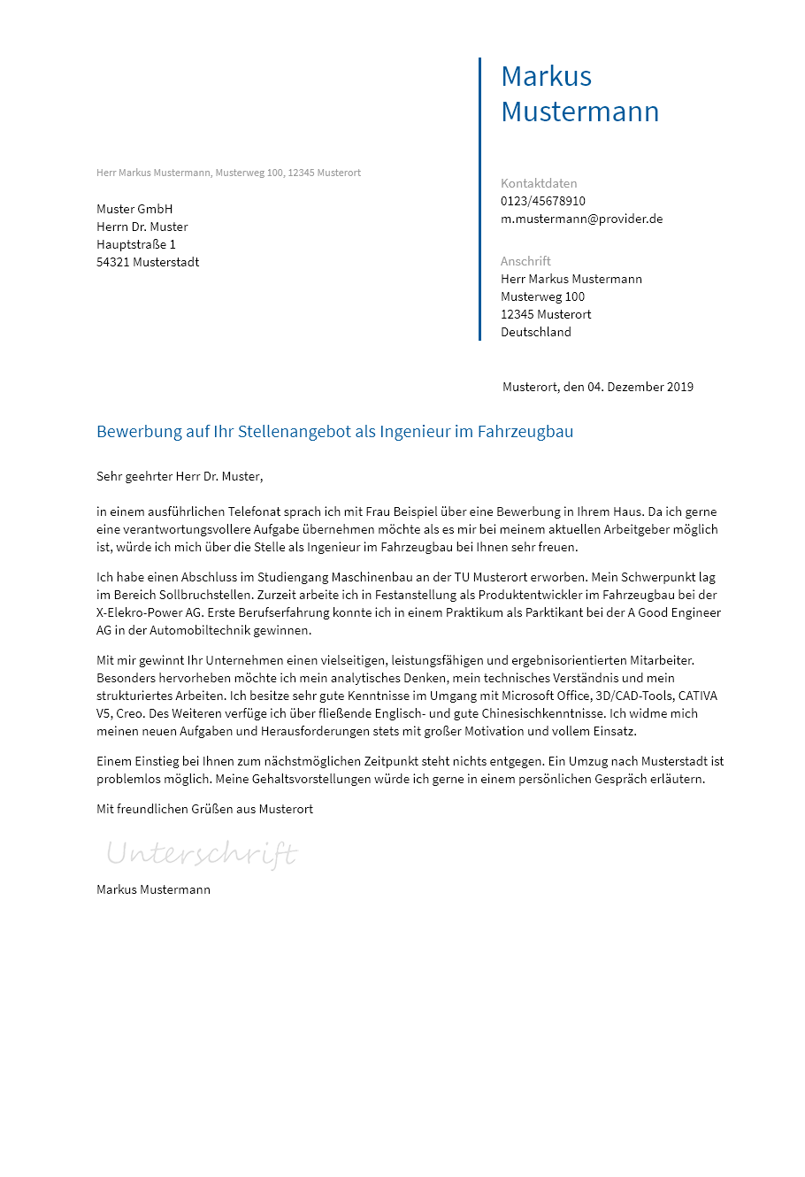 Anschreiben Ingenieur-Im-Fahrzeugbau erstellen