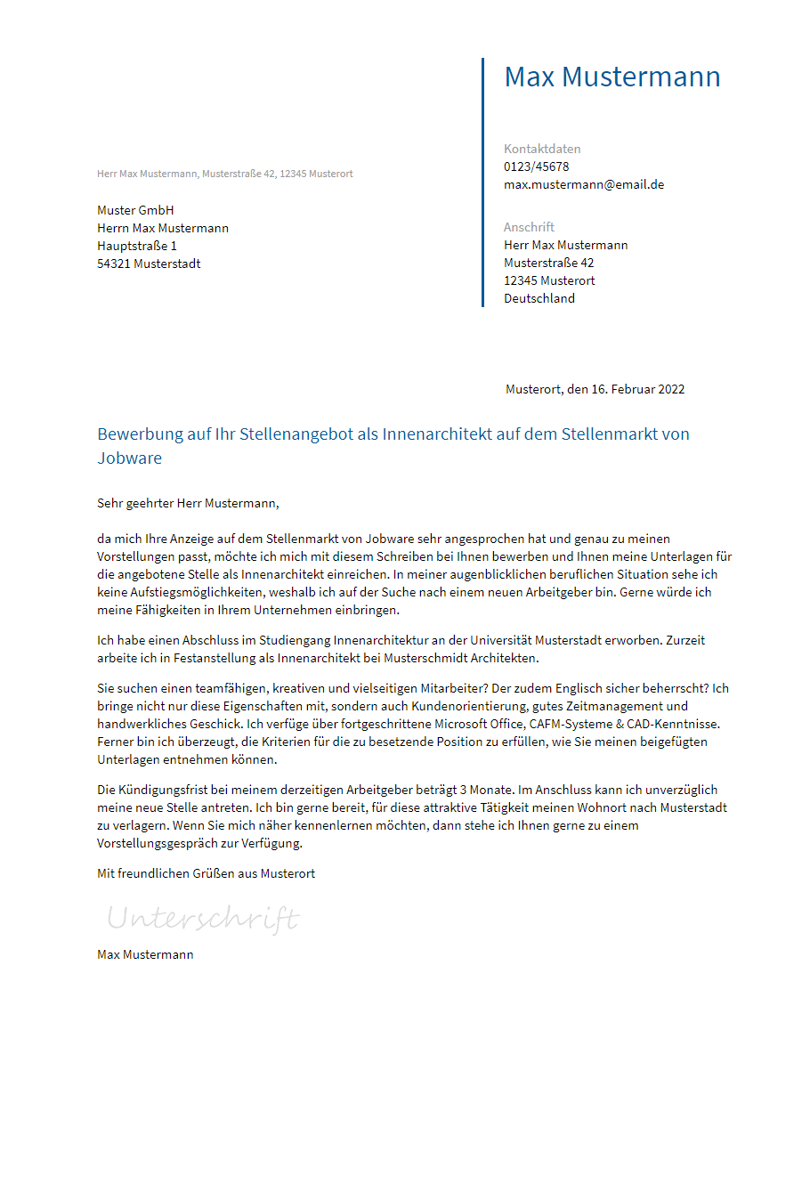 Anschreiben Innenarchitekt erstellen