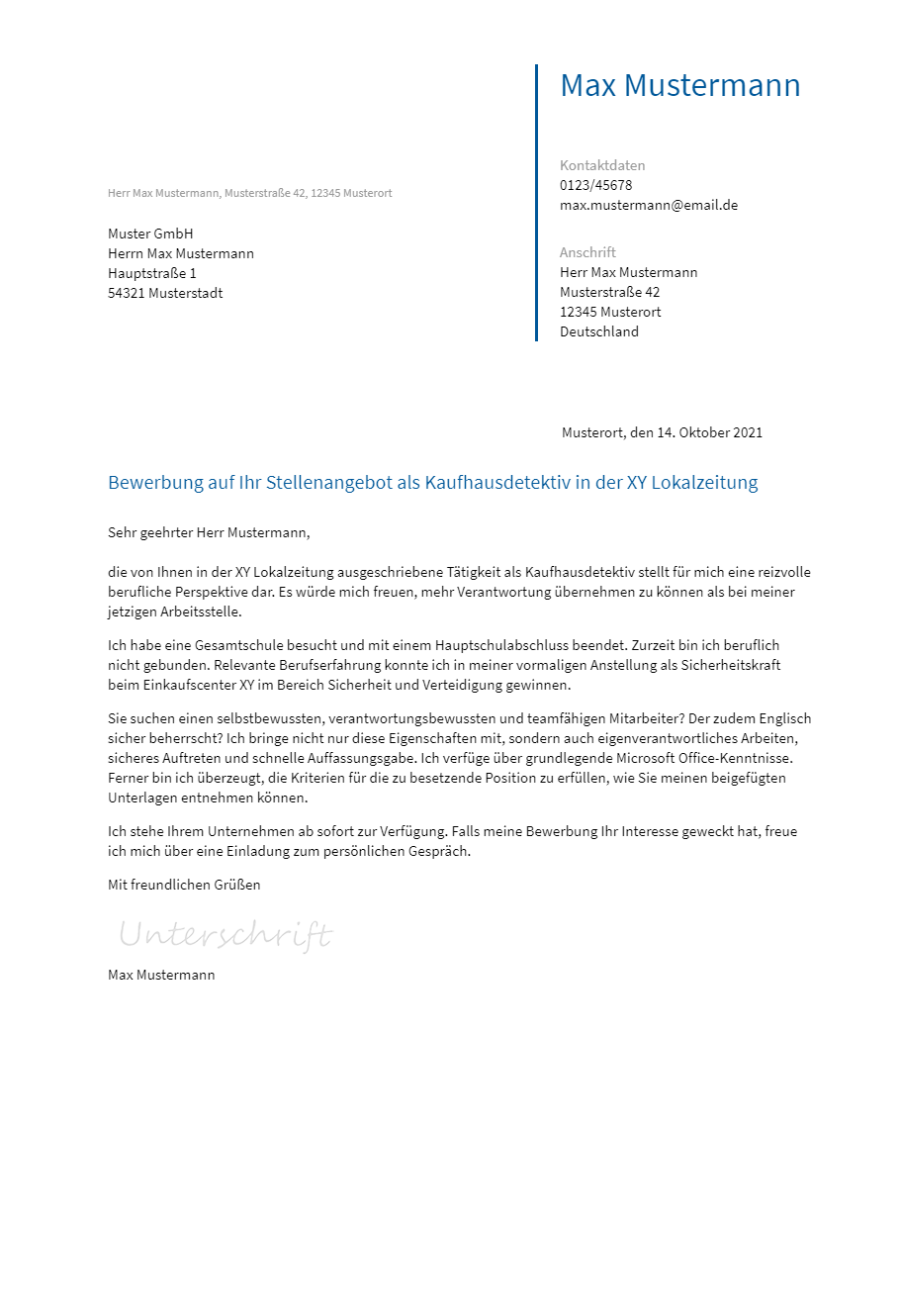 Anschreiben Kaufhausdetektiv erstellen