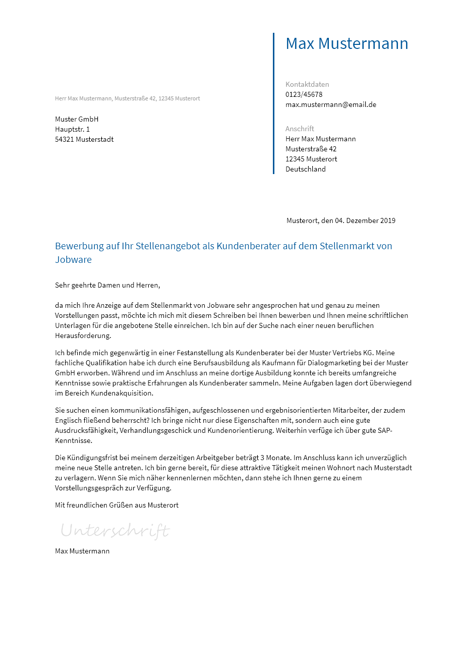 Anschreiben Kundenberater erstellen