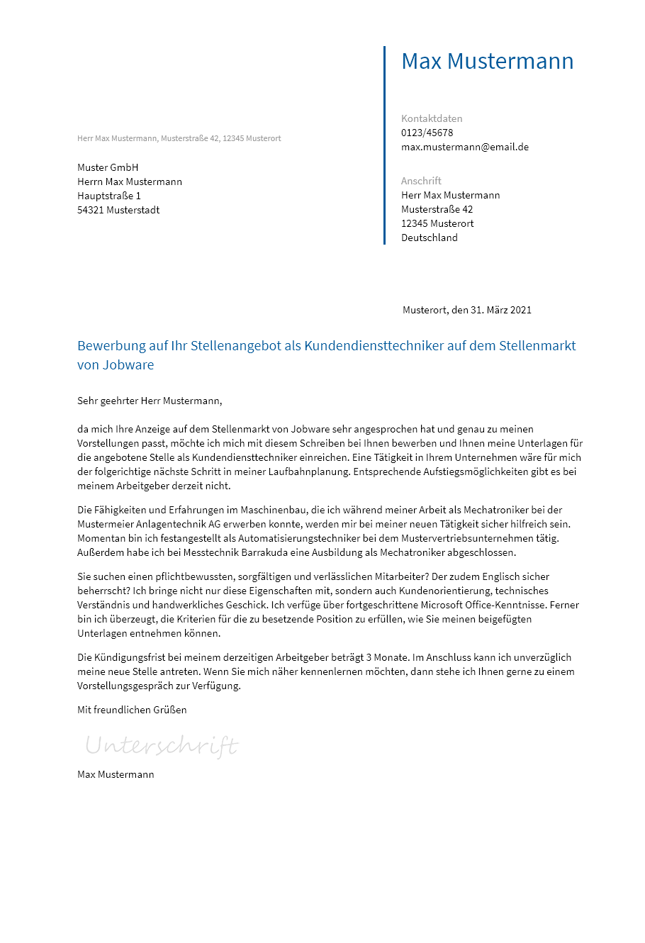 Anschreiben Kundendiensttechniker erstellen