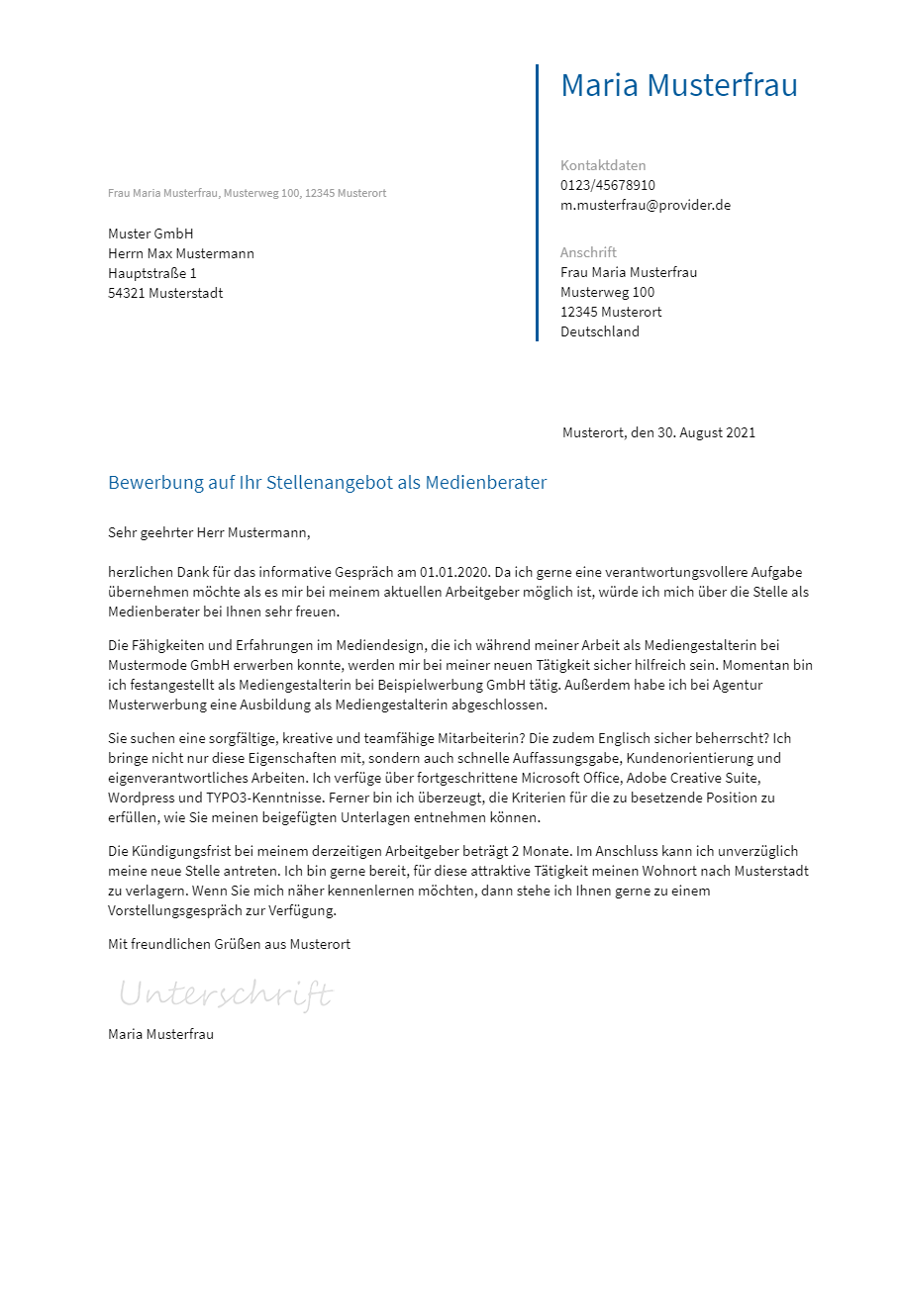 Anschreiben Medienberater erstellen