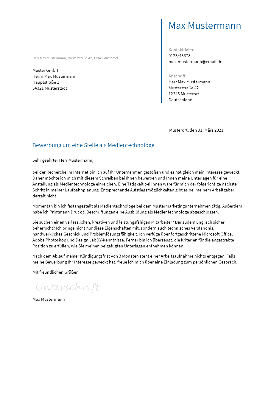Anschreiben Medientechnologe erstellen