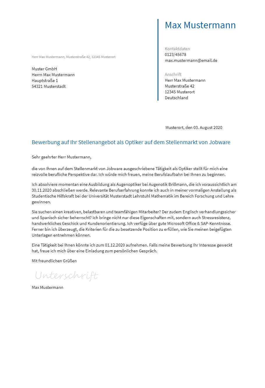 Anschreiben Optiker erstellen