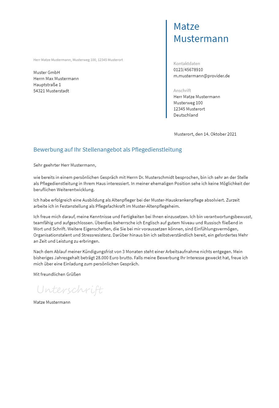 Anschreiben Pflegedienstleitung erstellen