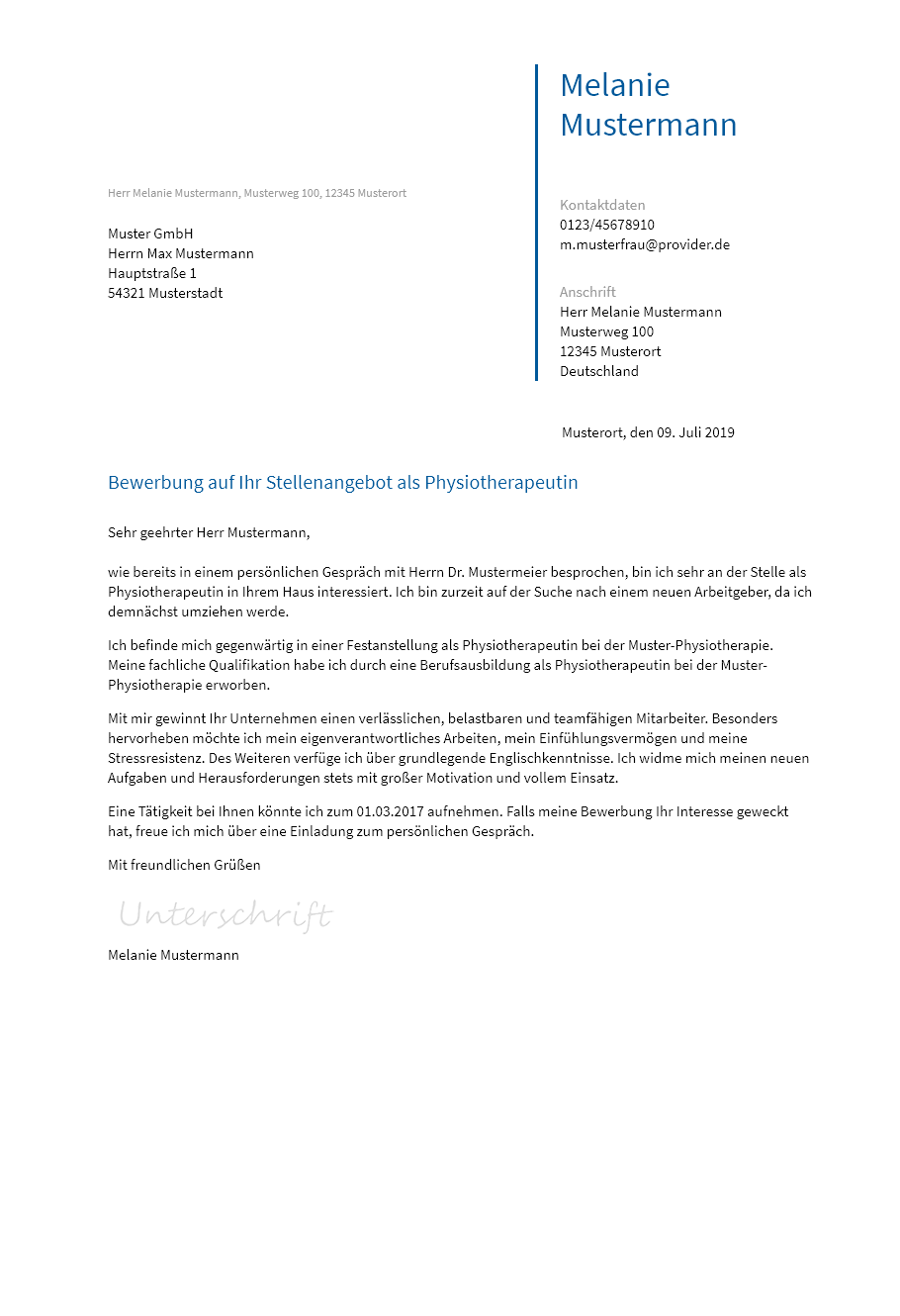 Anschreiben Physiotherapeut erstellen