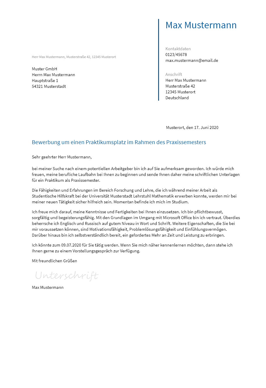 Anschreiben Praxissemester erstellen