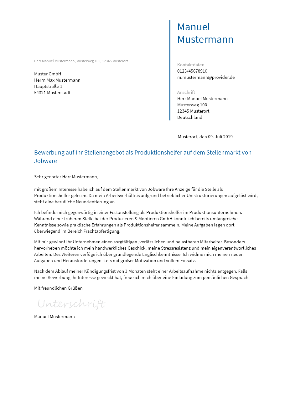Anschreiben Produktionshelfer erstellen
