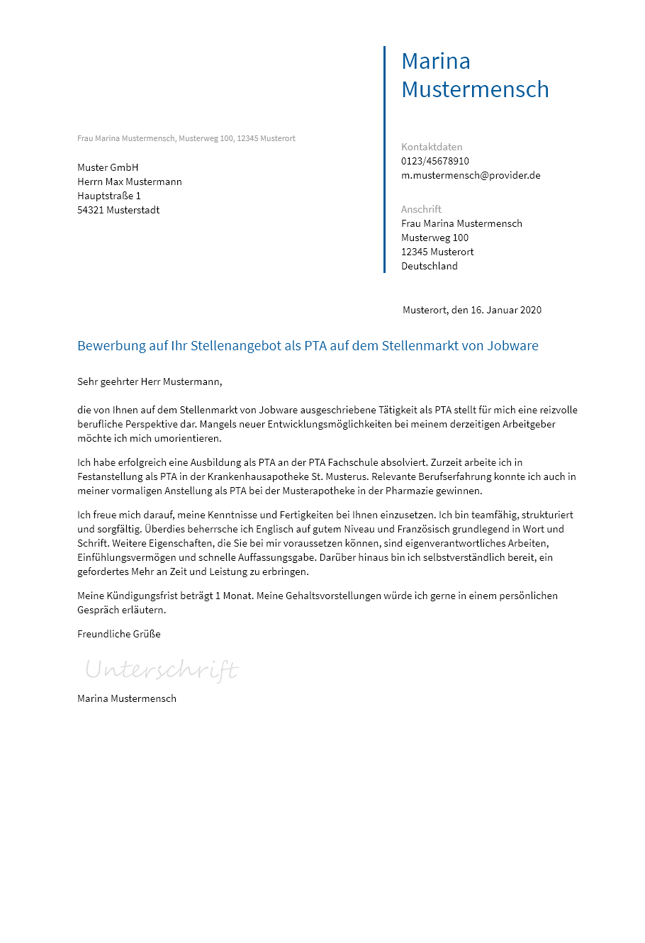 Anschreiben Pta erstellen