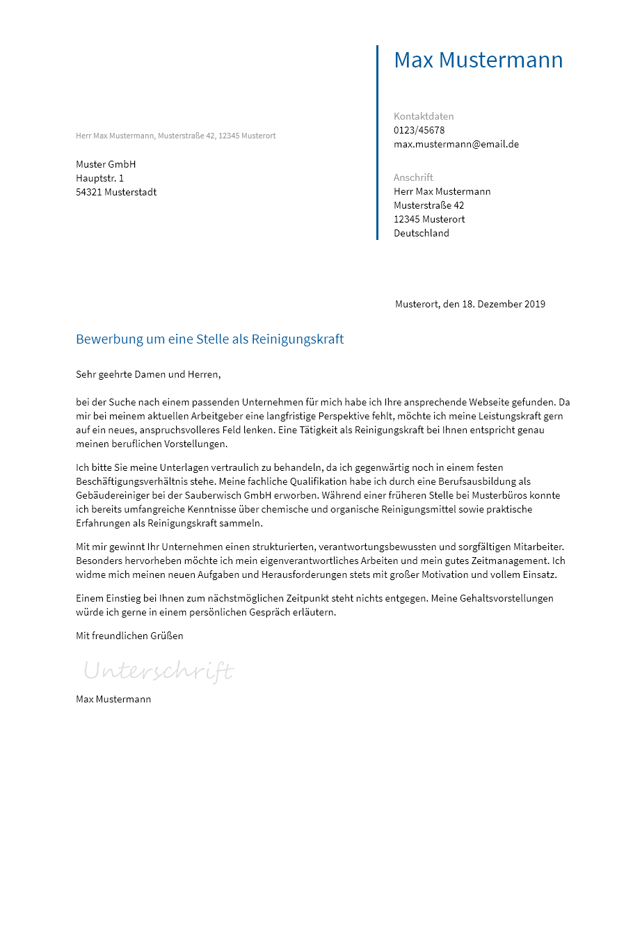 Anschreiben Reinigungskraft erstellen