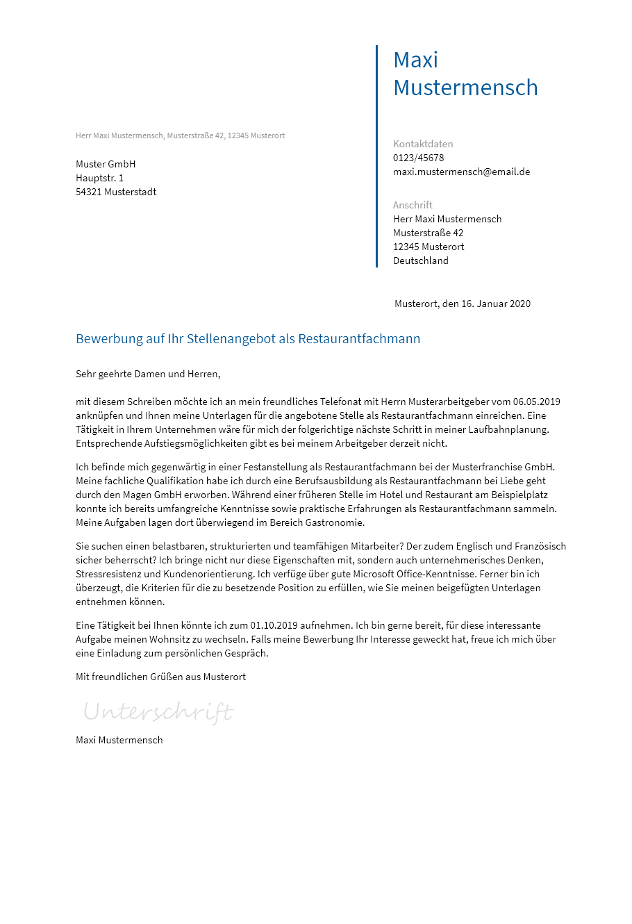 Anschreiben Restaurantfachmann erstellen