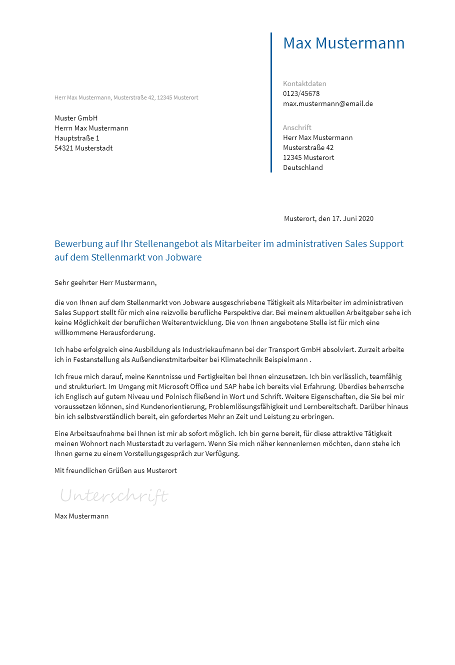 Anschreiben Sales-Support erstellen