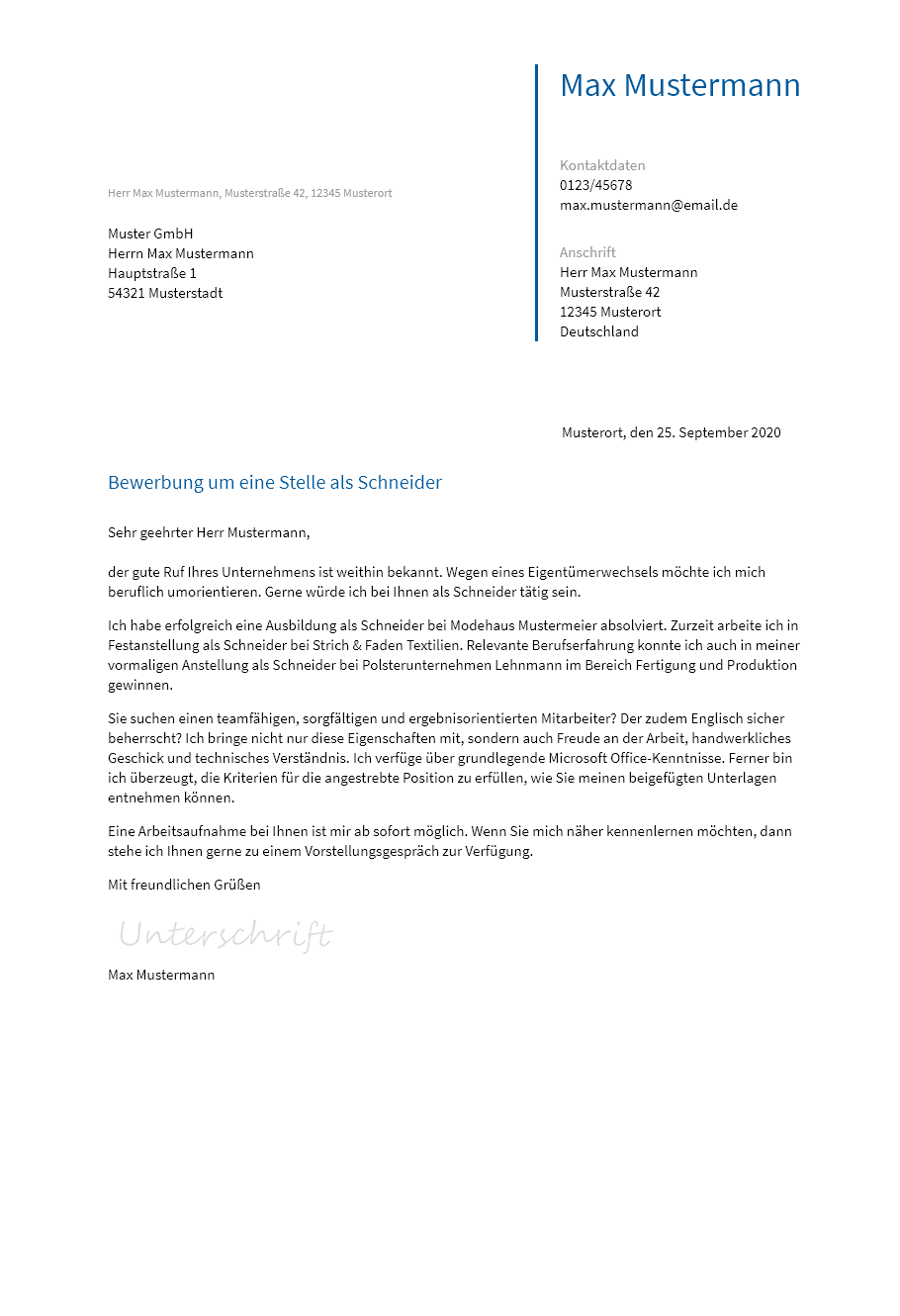 Anschreiben Schneider erstellen