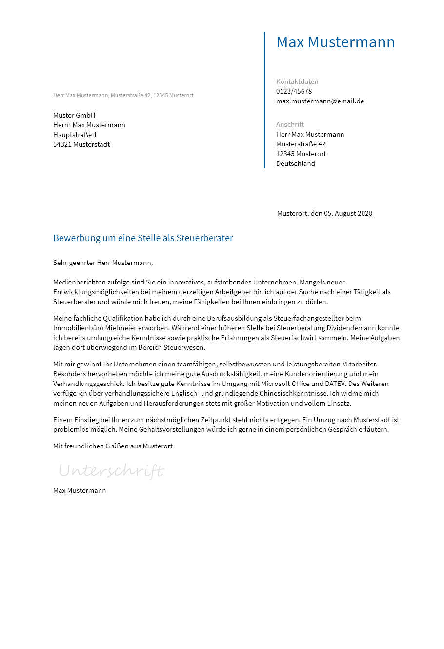 Anschreiben Steuerberater erstellen