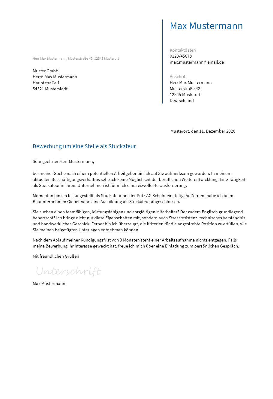 Anschreiben Stuckateur erstellen