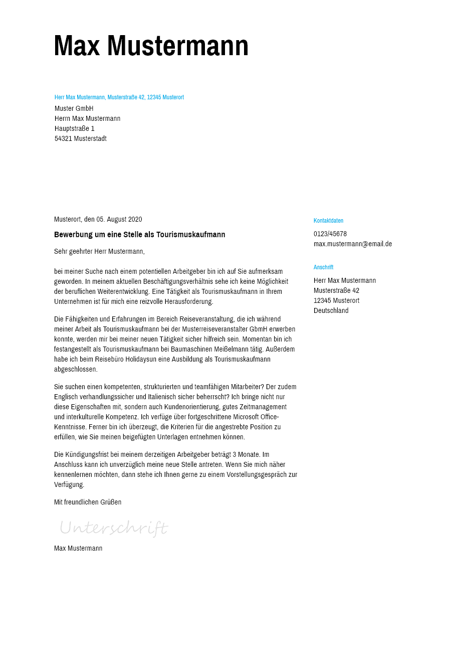 Anschreiben Tourismuskaufmann erstellen