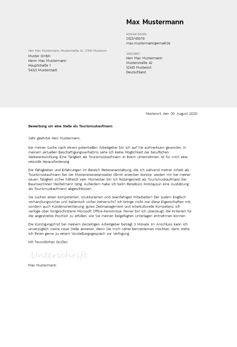 Anschreiben Tourismuskaufmann erstellen