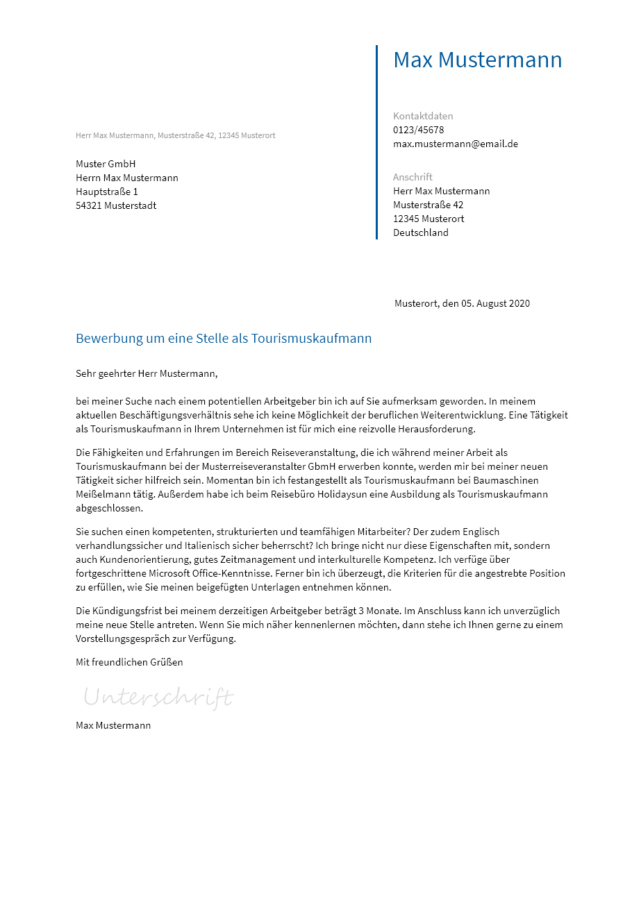 Anschreiben Tourismuskaufmann erstellen