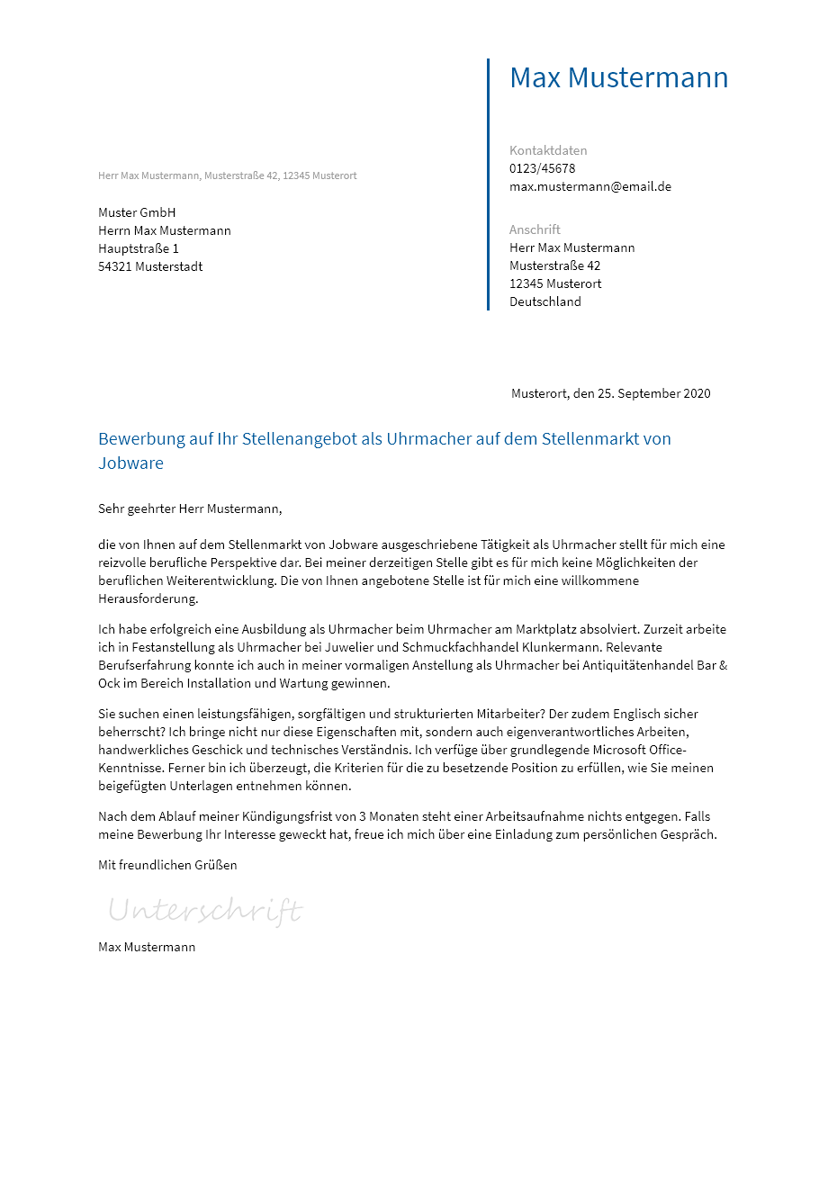Anschreiben Uhrmacher erstellen