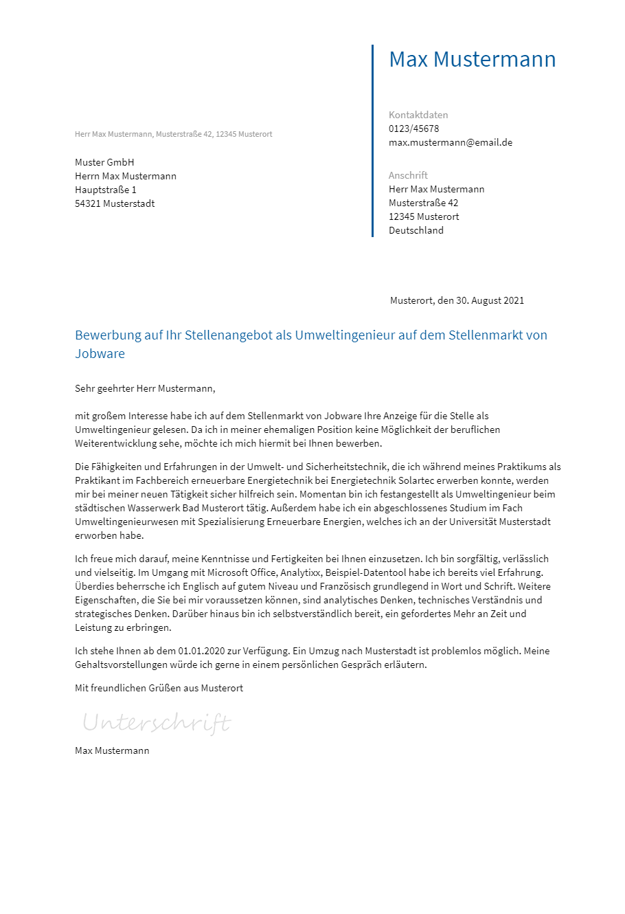 Anschreiben Umweltingenieur erstellen