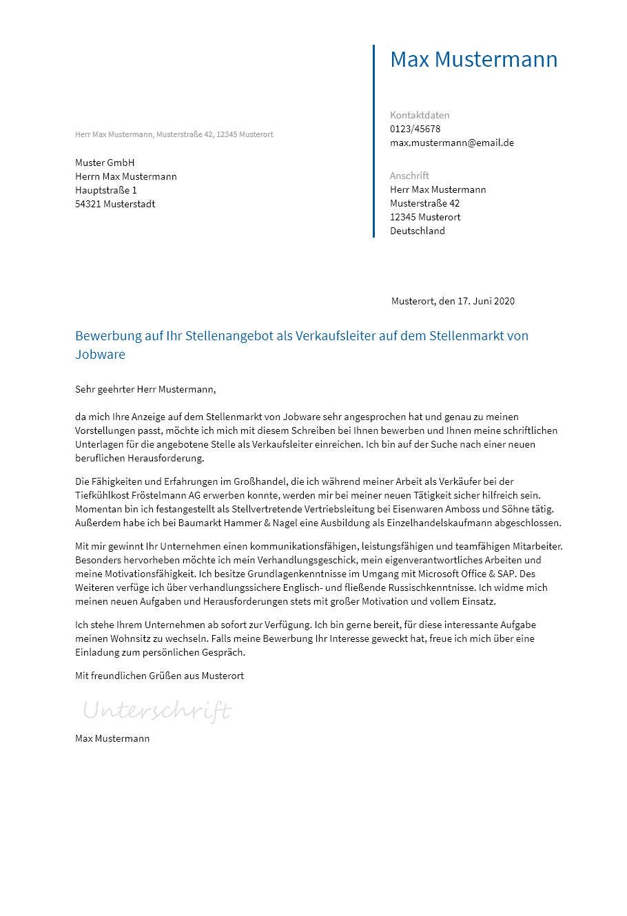 Anschreiben Verkaufsleiter erstellen